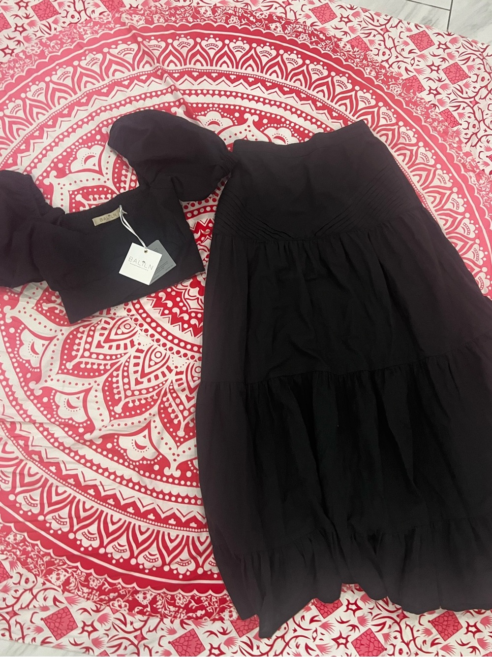 Bali elf Black Puff-Sleeve Two-Piece crop top and skirt Set